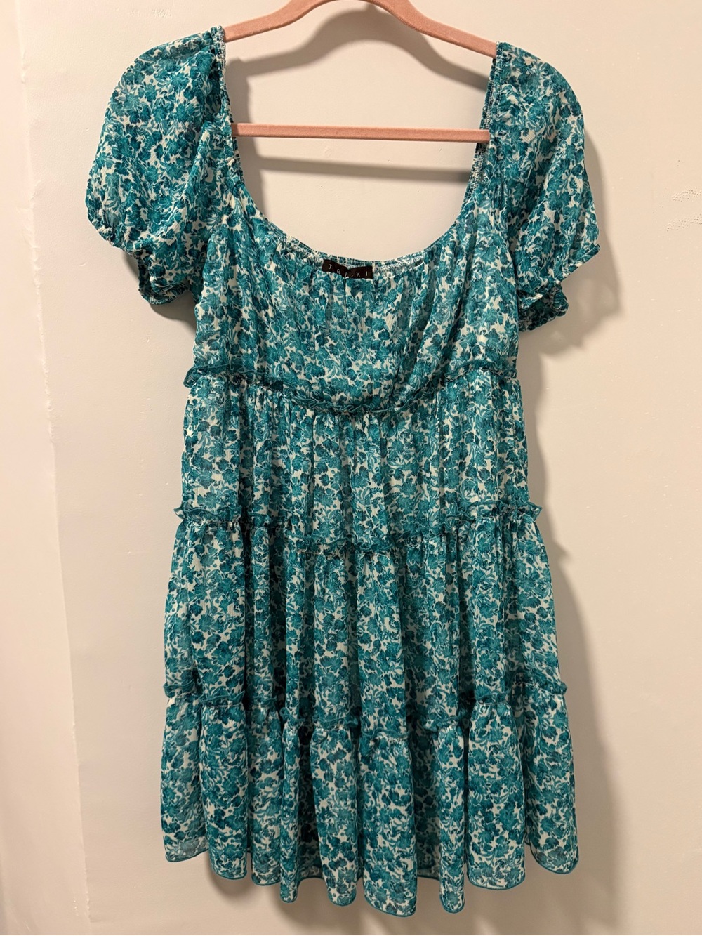 Trixxi Teal Floral Tiered Mini Dress